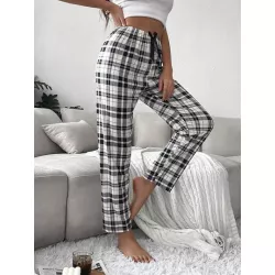 Pantalones de dormir con estampado de cuadros de cintura con cordón