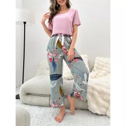 Pantalones de dormir con estampado floral con lazo delantero