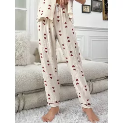 Pantalones de dormir con estampado de corazón ribete en contraste