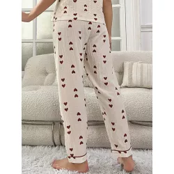 Pantalones de dormir con estampado de corazón ribete en contraste