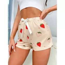 Shorts de dormir con estampado de fresa con lazo delantero