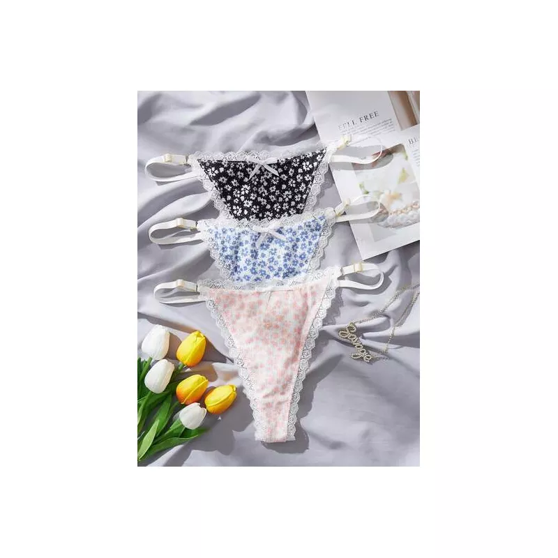 3 piezas Tanga con estampado floral ribete con encaje